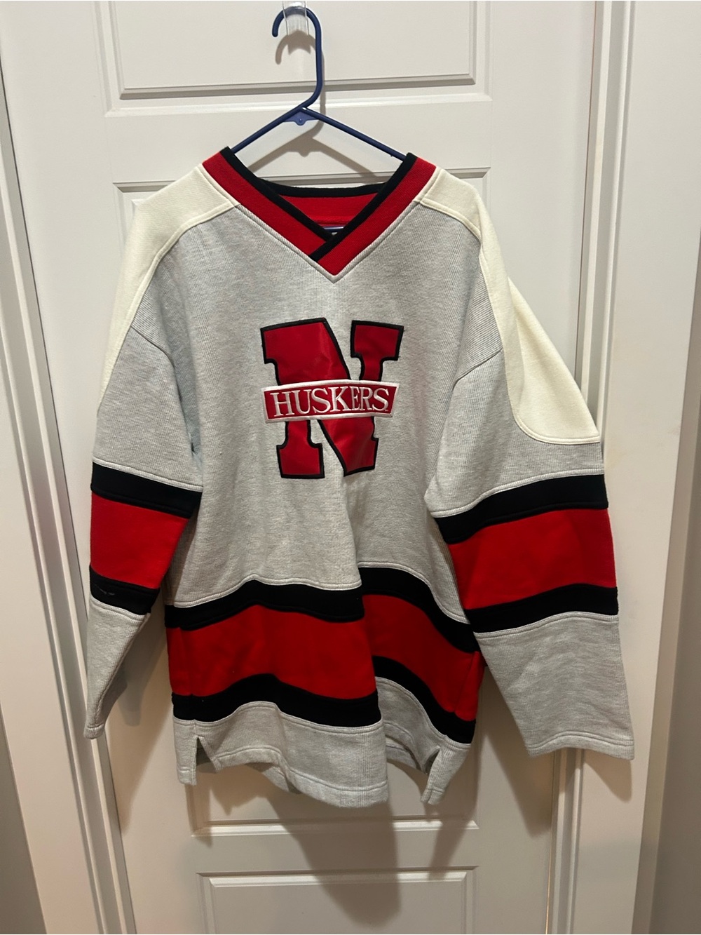 Huskers V-Neck Striped Men’s Sweater - Red, Black & Cream